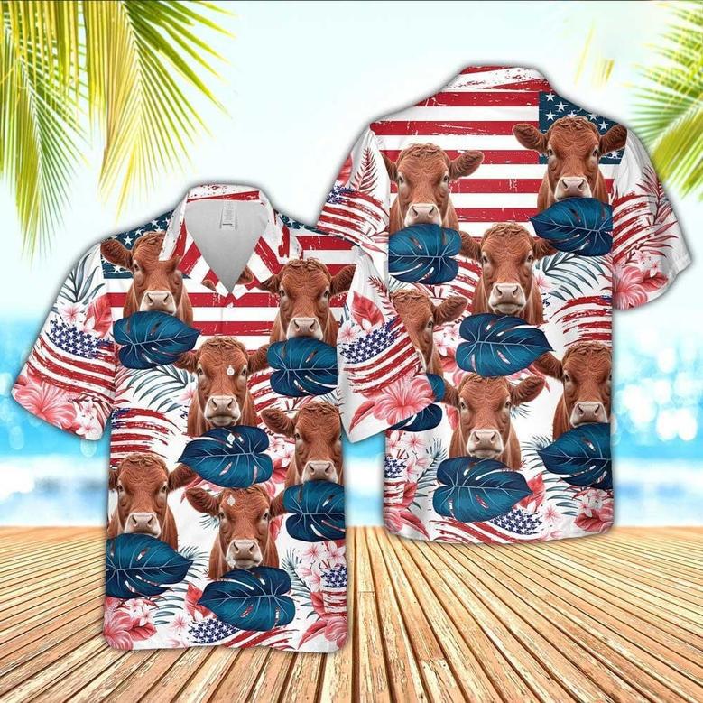 Red Angus Red Floral US Flag Hawaiian Shirt for Women, Men, Red Angus Lovers