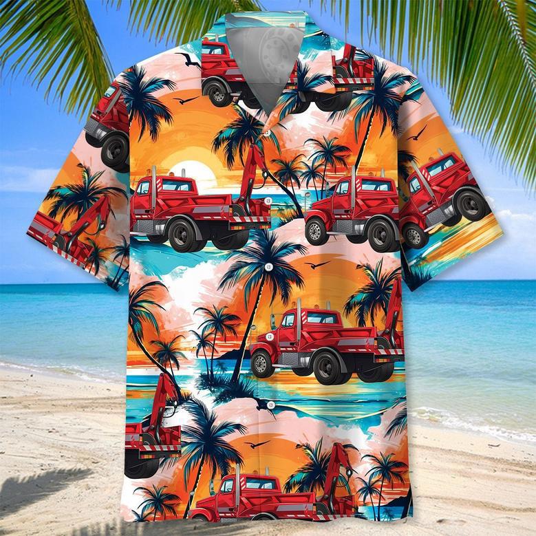 Retro Tow Truck Operator Car Hawaiian Shirt for Men, Tow Trunk Drivers Summer Tropical Beach Shirt