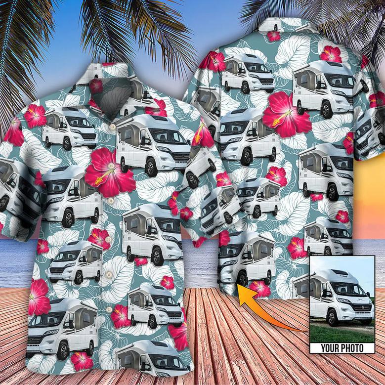 RV Camper Tropical Floral Pattern Custom Photo Hawaiian Shirt, Hawaiian Shirt for Men, Camping Shirt