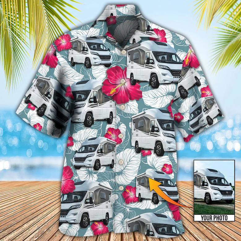 RV Camper Tropical Floral Pattern Custom Photo Hawaiian Shirt, Hawaiian Shirt for Men, Camping Shirt