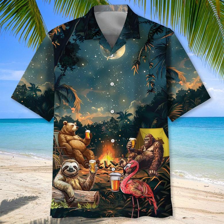 Sasquatch Camp Fire Drinking Team Hawaiian Shirt for Men, Bestie, Funny Sasquatch Camping Shirt