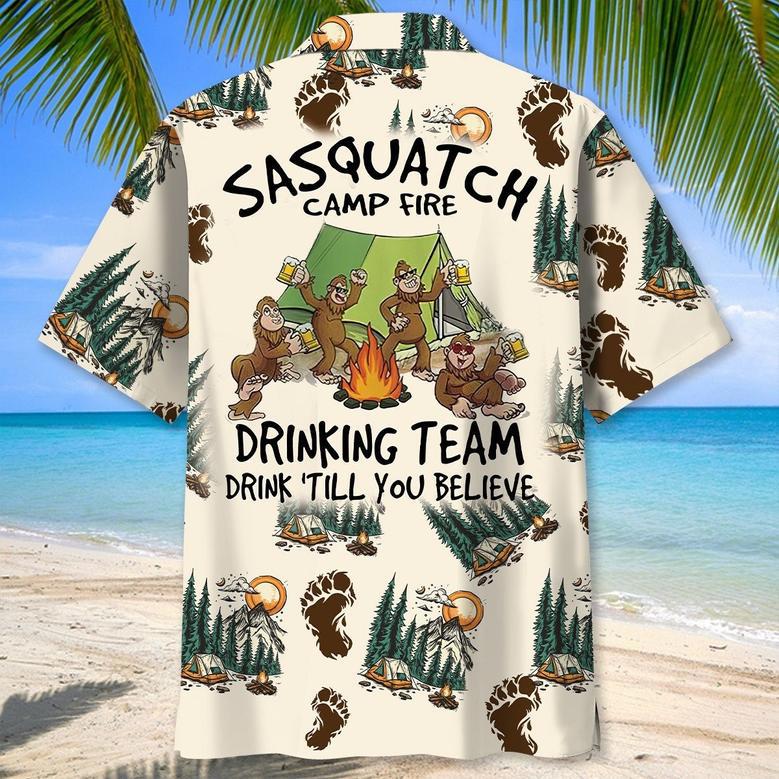 Sasquatch Camp Fire Drinking Team Hawaiian Shirt for Men, Bestie, Funny Sasquatch Camping Shirt