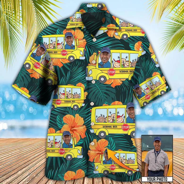 School Bus Driver Tropical Custom Photo Hawaiian Shirt, Gift for Men, Idea Shirt for Bus Driver