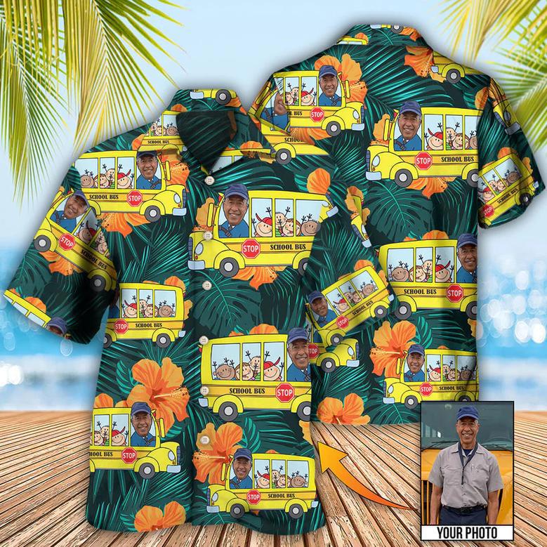 School Bus Driver Tropical Custom Photo Hawaiian Shirt, Gift for Men, Idea Shirt for Bus Driver