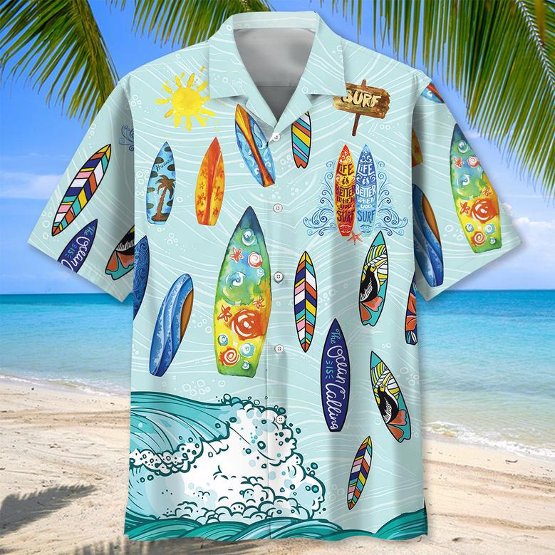 Surfing Blue Flowers Hawaiian Shirt for Men, Surfing Lovers Summer Surfing Aloha Hawaiian Shirt