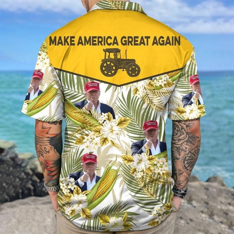 Take America Back Trump Hawaii Shirt 62539, Custom Trump's Photo Corn Tractor Farmhouse Shirt