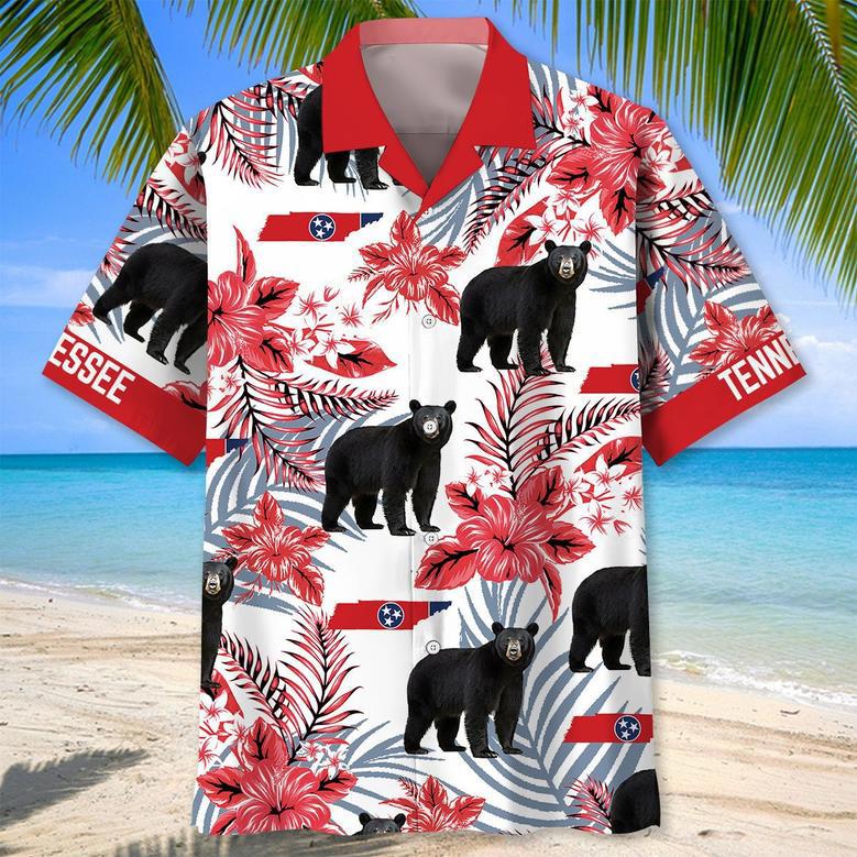 Tennessee Bear Proud State Hawaiian Shirt for Men, Women, Tennessee Red Flowers Tropical Summer Beach Shirt