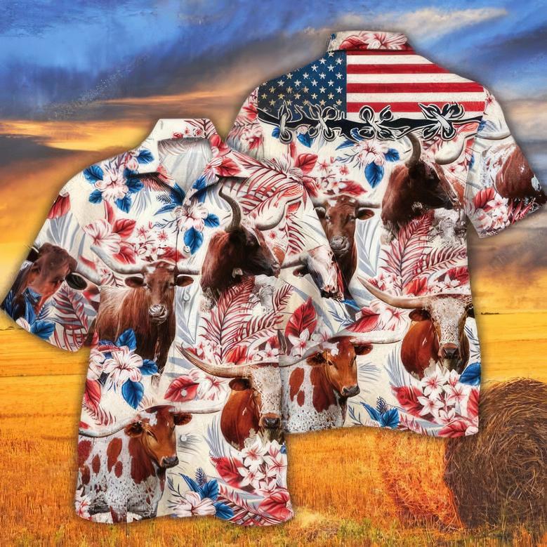 Texas Longhorn Cattle Flowers Hawaiian Shirt for Farmers, Texas Longhorn Lovers