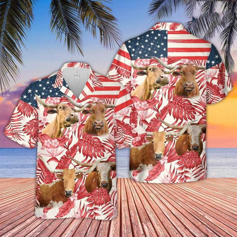 Texas Longhorn Cattle Flowers Hawaiian Shirt for Farmers, Texas Longhorn Lovers