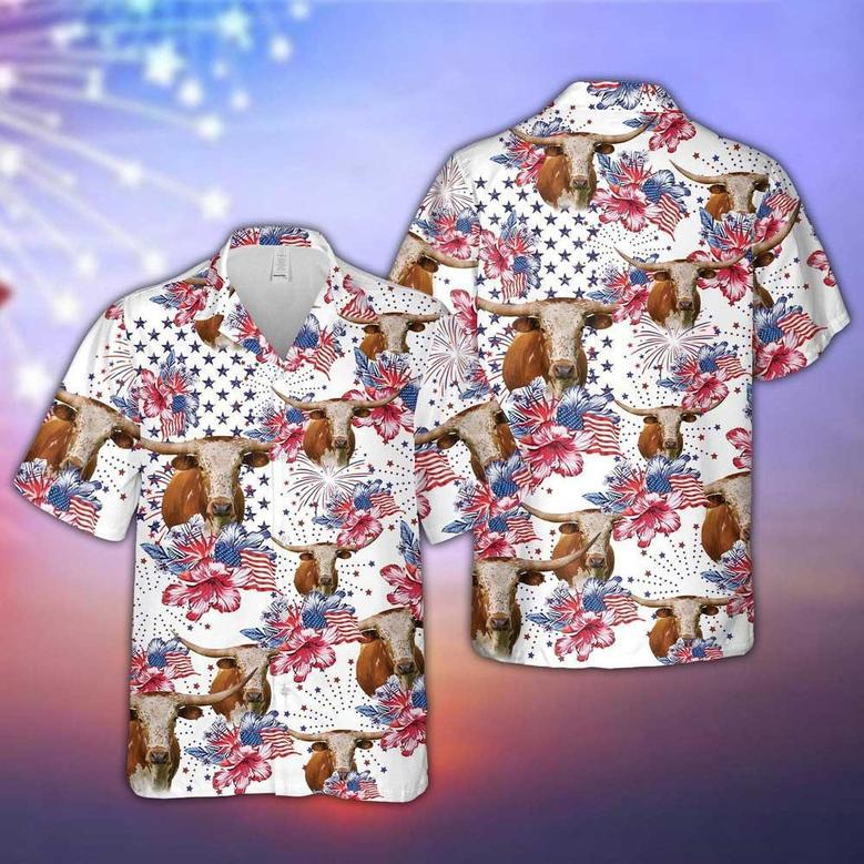 Texas Longhorn Cattle Flowers Hawaiian Shirt for Farmers, Texas Longhorn Lovers