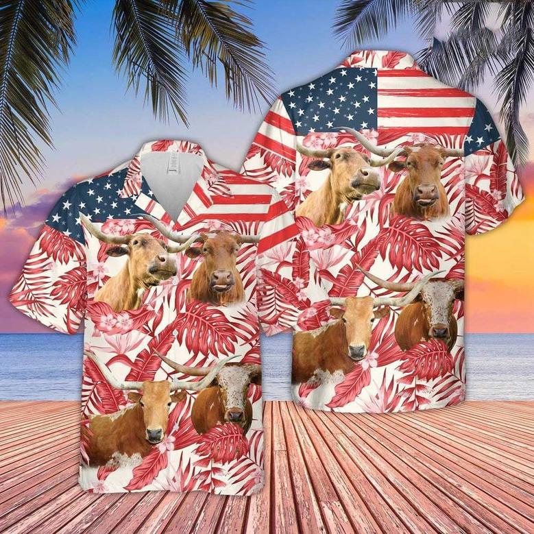 Texas Longhorn Hibiscus Pattern US Flag Hawaiian Shirt for Farmers