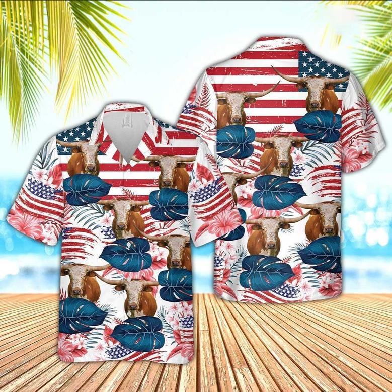 Texas Longhorn Hibiscus Pattern US Flag Hawaiian Shirt for Farmers