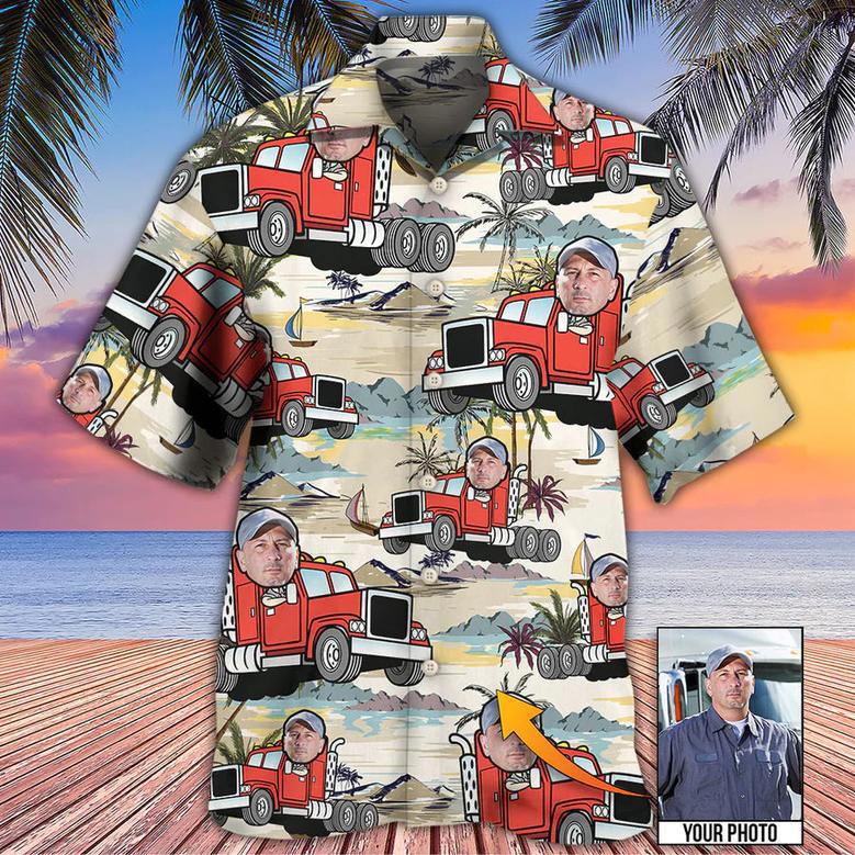 Truck Driver Tropical Beach Custom Face Photo Hawaiian Shirt, Perfect Gift for Men, Truck Driver Uniform Shirt