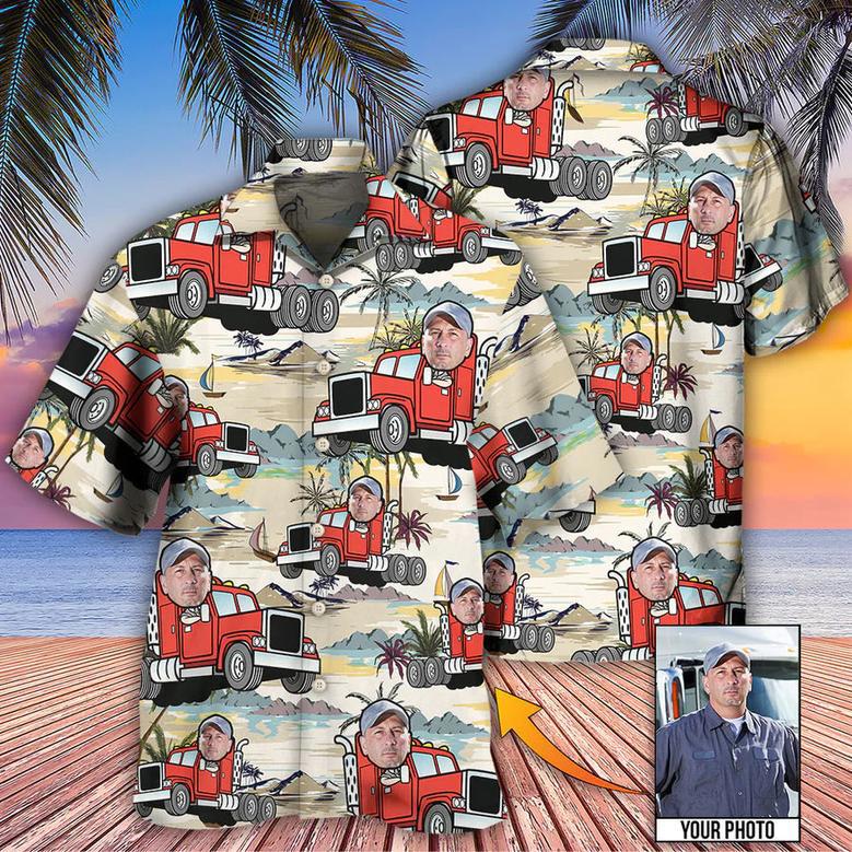 Truck Driver Tropical Beach Custom Face Photo Hawaiian Shirt, Perfect Gift for Men, Truck Driver Uniform Shirt