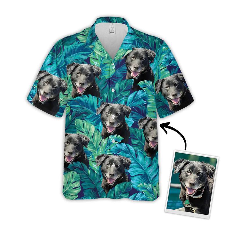 Turquoise And Blue Tropical Leaves Pattern Short-Sleeve Hawaiian Shirt, Personalized Photo Dog Hawaiian Shirt