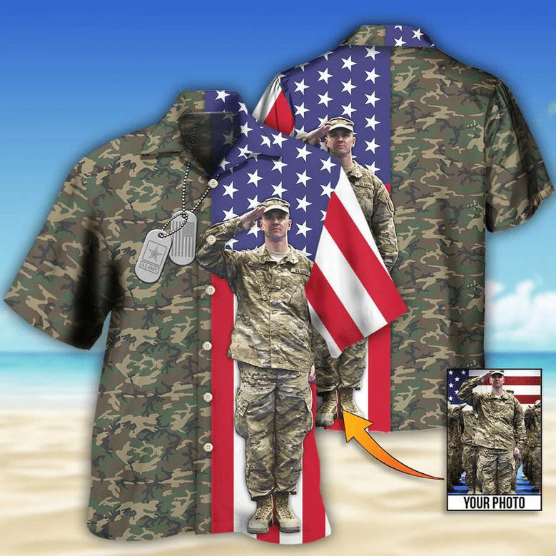 US Army Tropical US Flag Custom Photo Hawaiian Shirt, Personalized Hawaiian Shirt for Men, Army Shirt