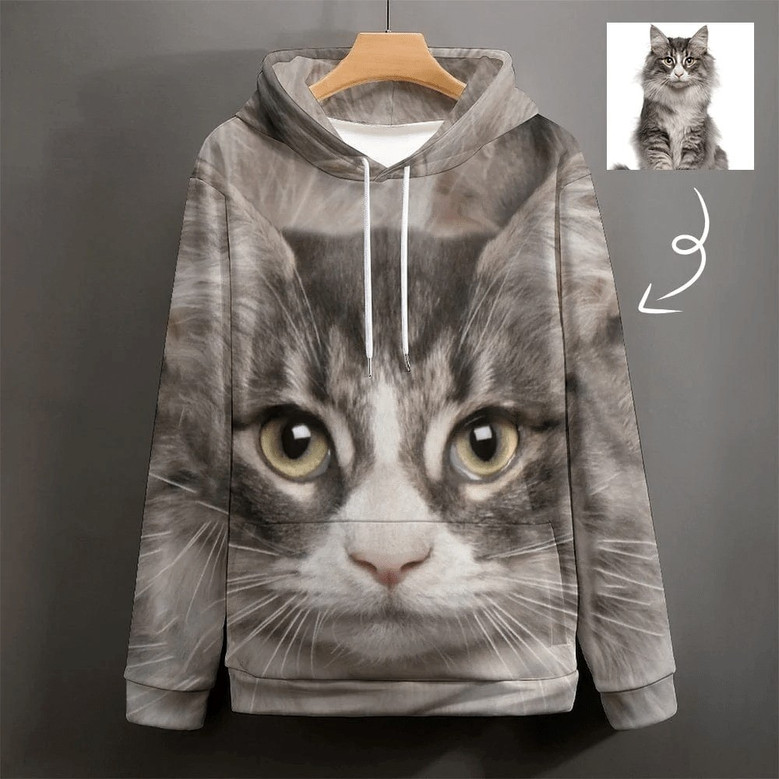 Custom Cat Face Hoodie Add Photo All Over Printed Unisex Hoodie Gift For Family Member Cat Lover Monsterry