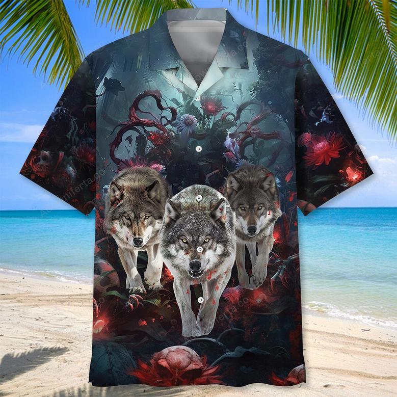 3 Wolves Hunting In Bloody Night Hawaiian Shirt