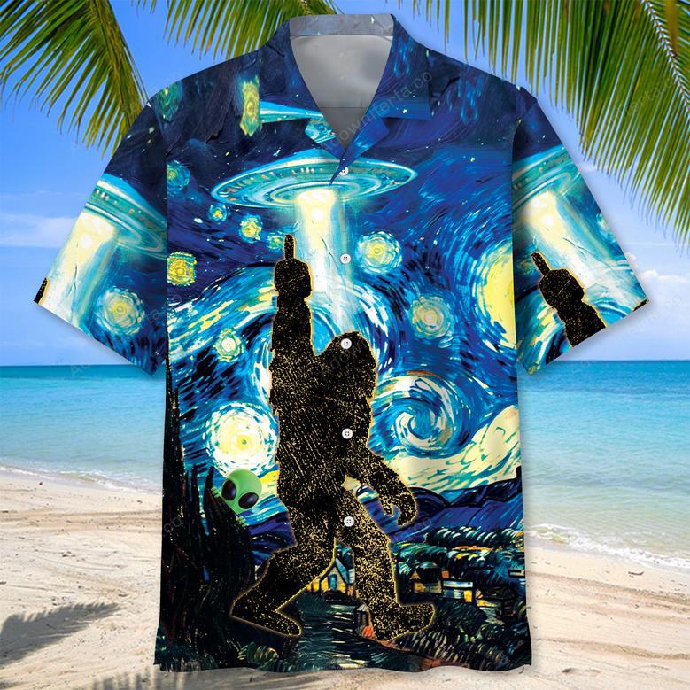 Alien Stalk Bigfoot In A Starry Night Hawaiian Shirt