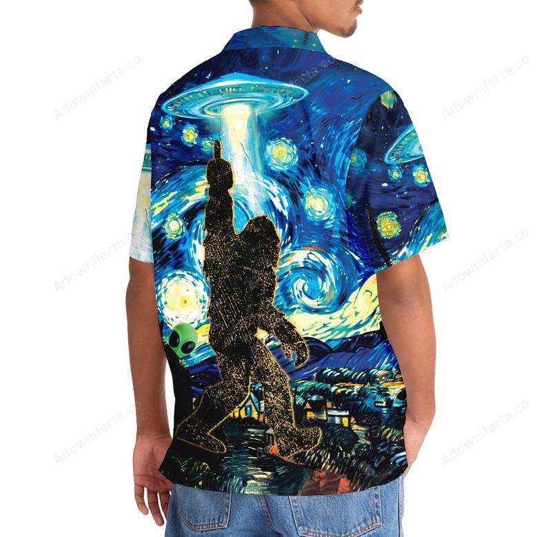 Alien Stalk Bigfoot In A Starry Night Hawaiian Shirt