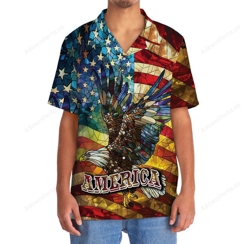 America Bald Eagle of July Stained Glass Art Hawaiian Shirt