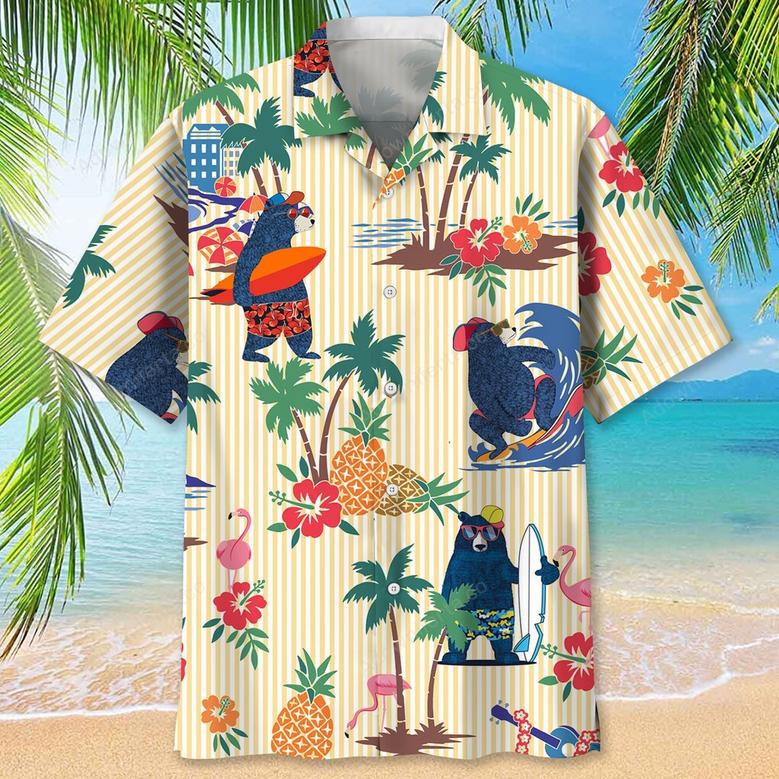 bear surfing tropical hawaiian shirt