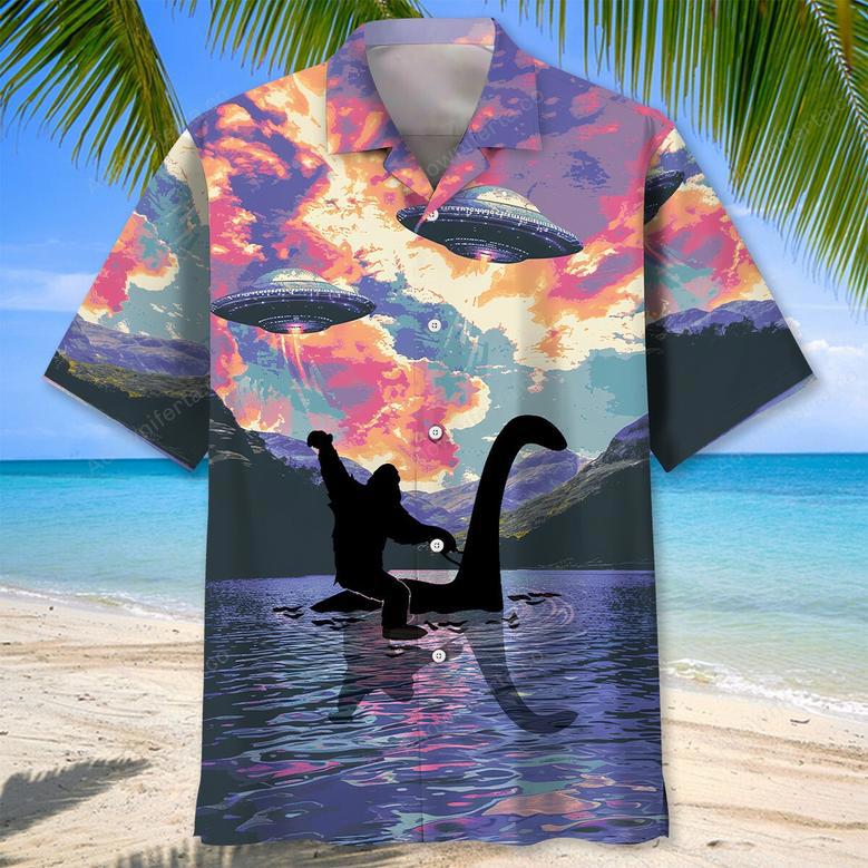 Bigfoot Riding Nessie Loch Ness Monster Hawaiian Shirt