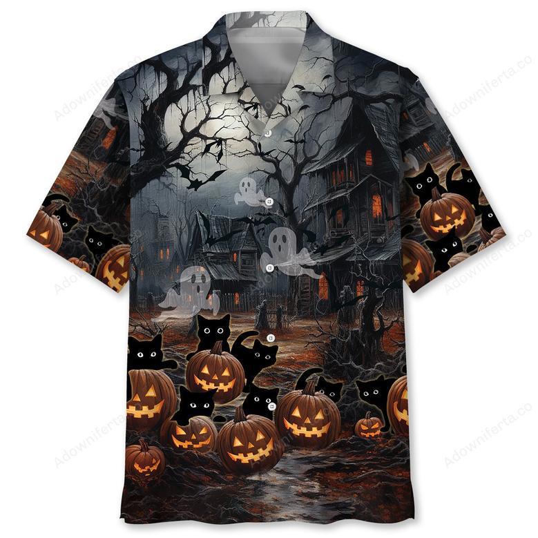 Black Cat Pumpkins Halloween Hawaiian Shirt