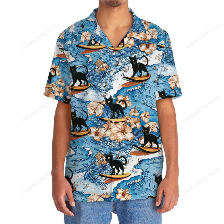 Black Cat Surfing Hawaiian Shirt