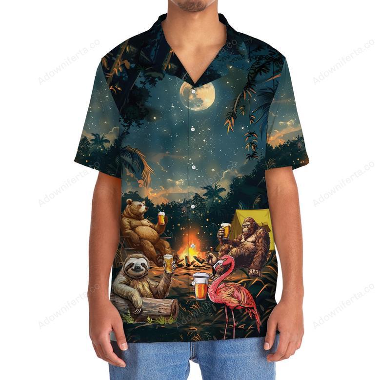 Camping Bigfoot Bear Sloth Flamingo Hawaiian Shirt