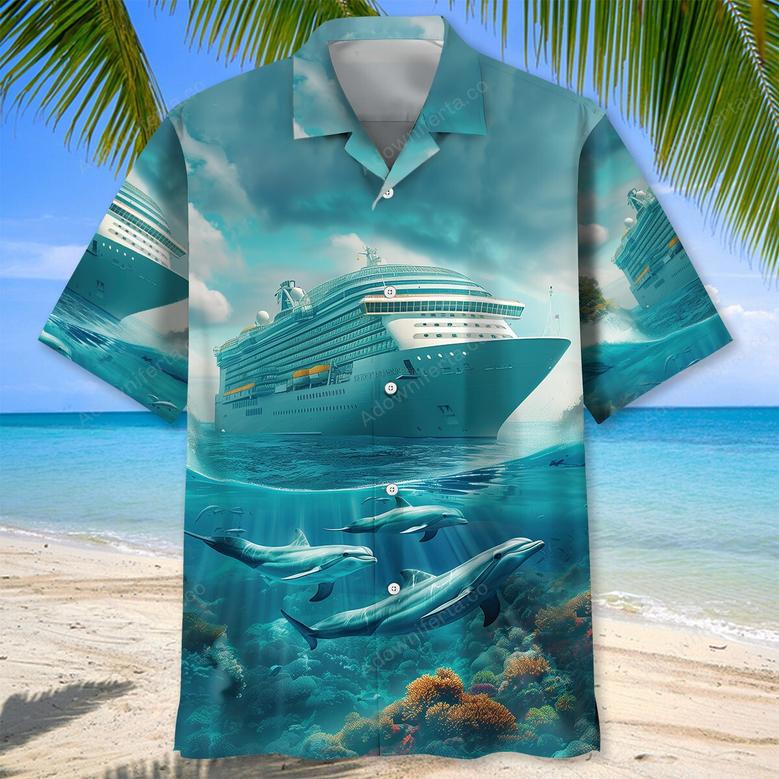 Cruise Ship With Dolphins Art Hawaiian Shirt