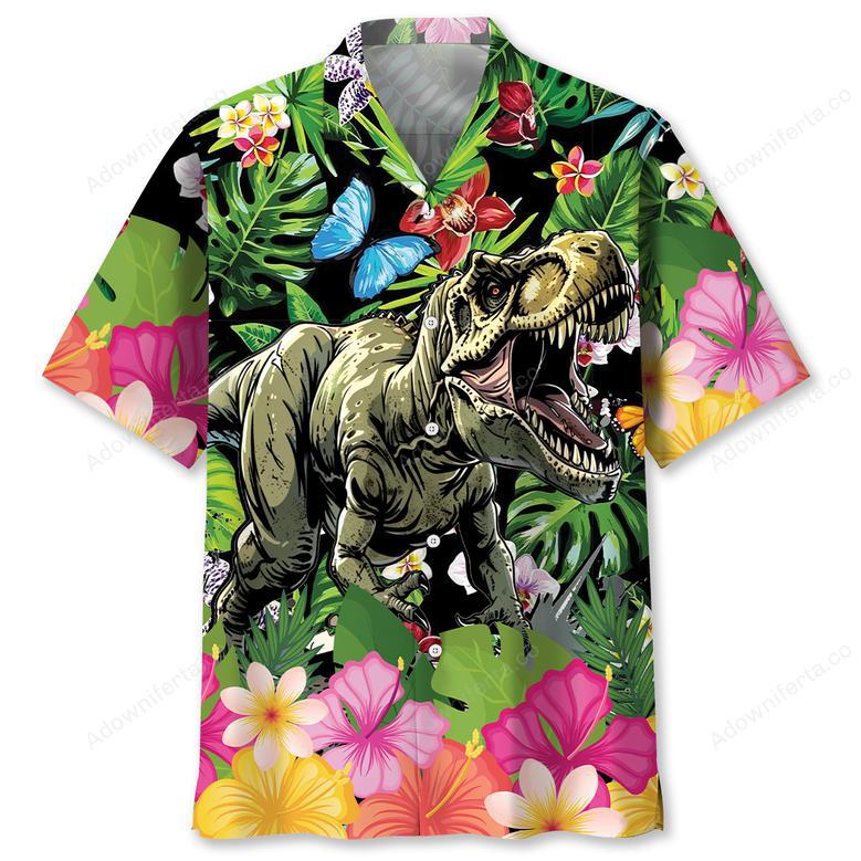 Dinosaur Tropical Flowers Hawaiian Shirt