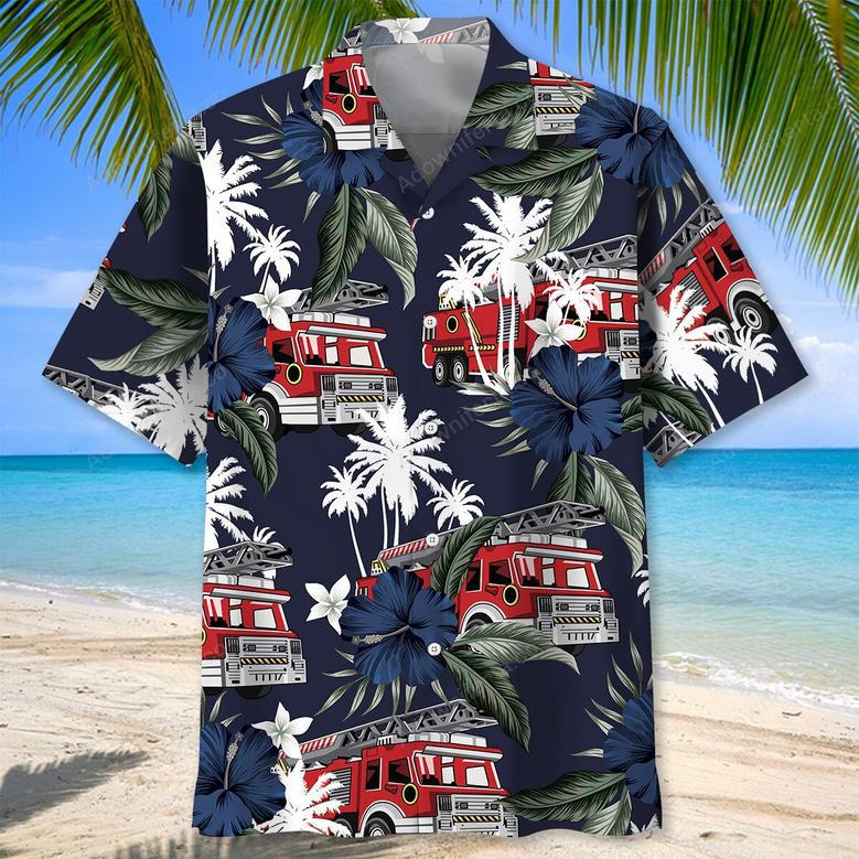 Fire Truck Dark Blue Hawaiian Shirt