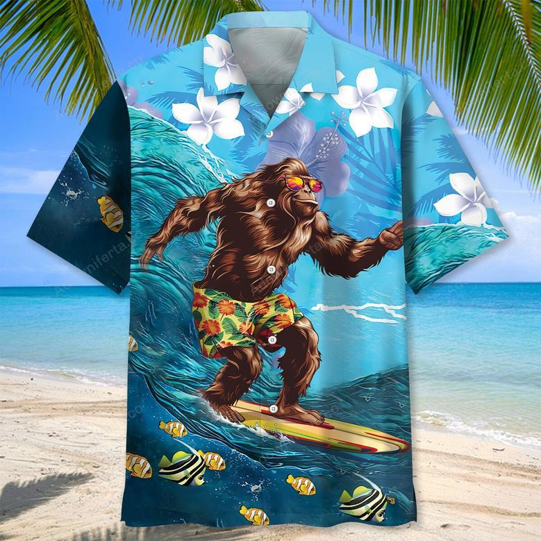 Funny Bigfoot Surfing Hibiscus Hawaiian Shirt