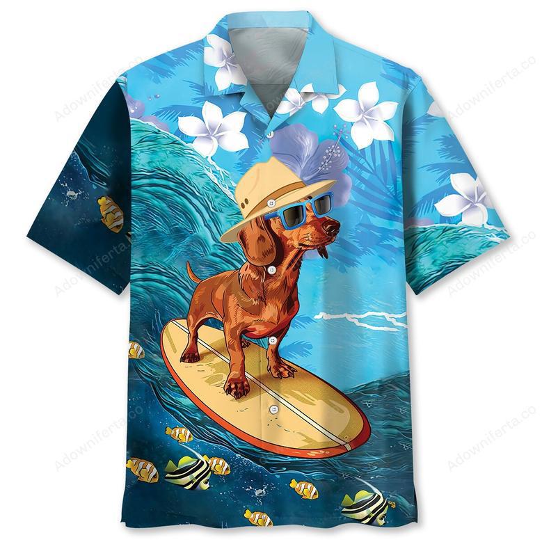 Funny Dachshund Surfing Hibiscus Hawaiian Shirt