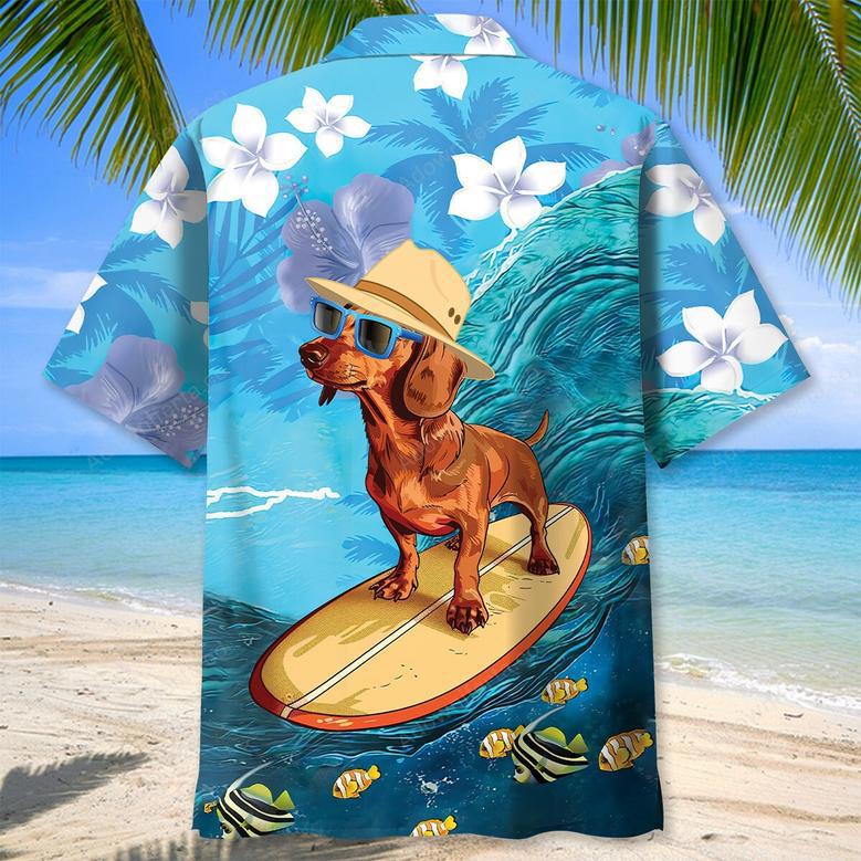 Funny Dachshund Surfing Hibiscus Hawaiian Shirt