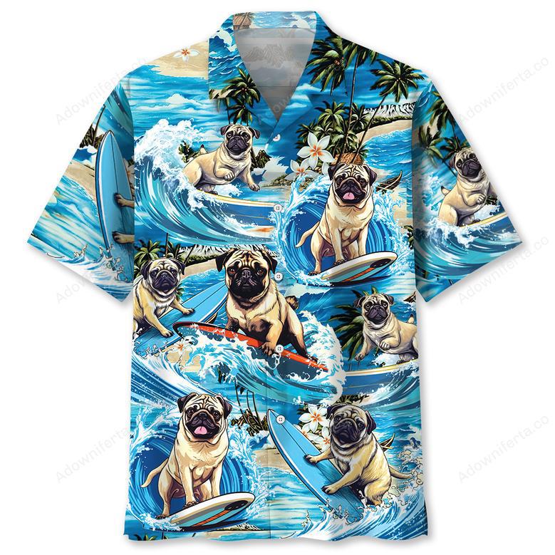 Funny Surfing Pug Hawaiian Shirt