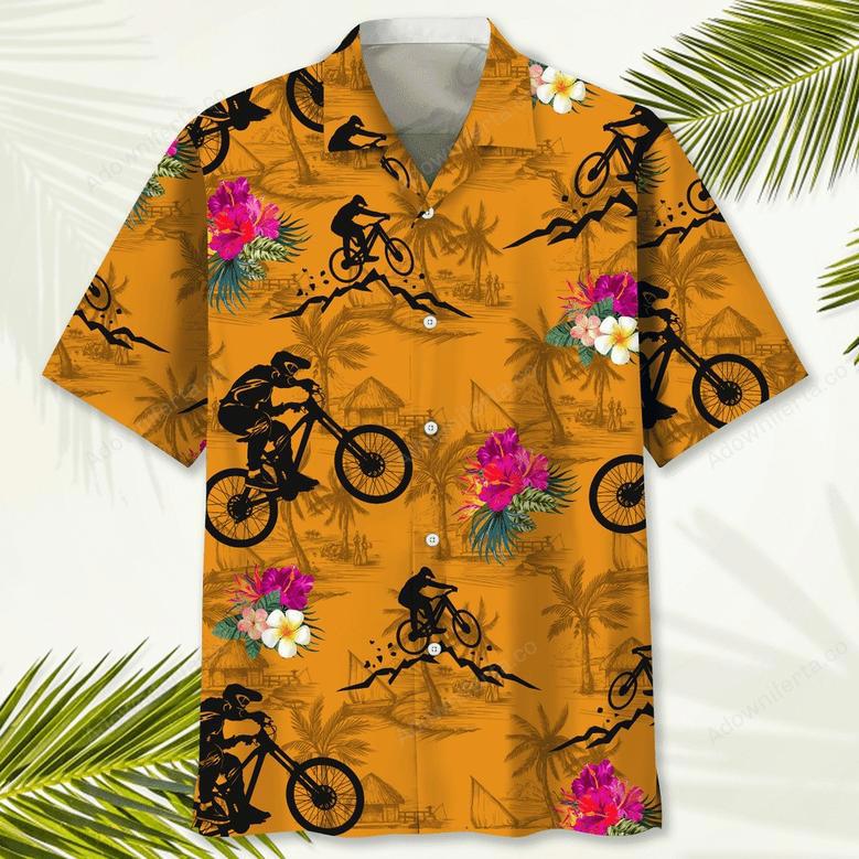 mountain bike orange tropical hawaiian shirt