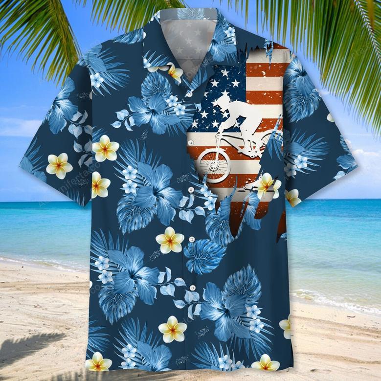 mountain bike usa blue tropical hawaiian shirt