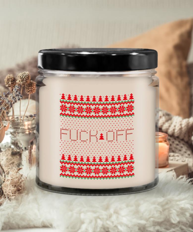 Front Fuck Off, Fuck You, Insulting Gifts, Rude Ornaments, Ugly Sweater Christmas Candle 9 Oz Vanilla Scented Soy Wax Blend