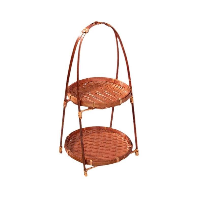 2-Tiered Brown Bamboo Serving Tray for Home Storage