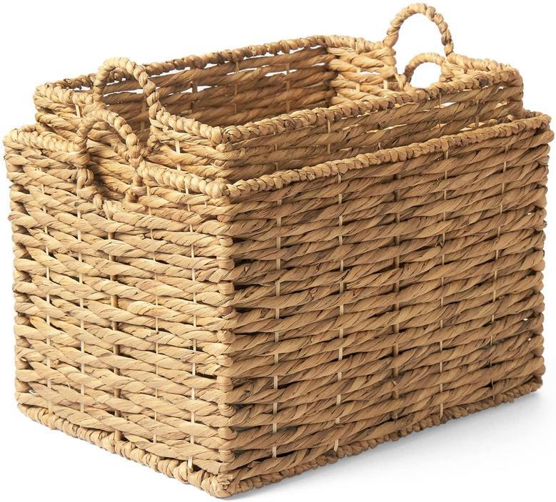 Set of 2 Wicker Storage Baskets for Blankets with Handles