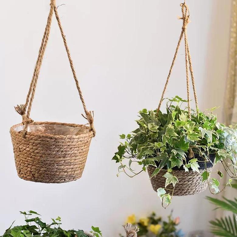 Vintage Rattan Hanging Basket for Outdoor Gardening