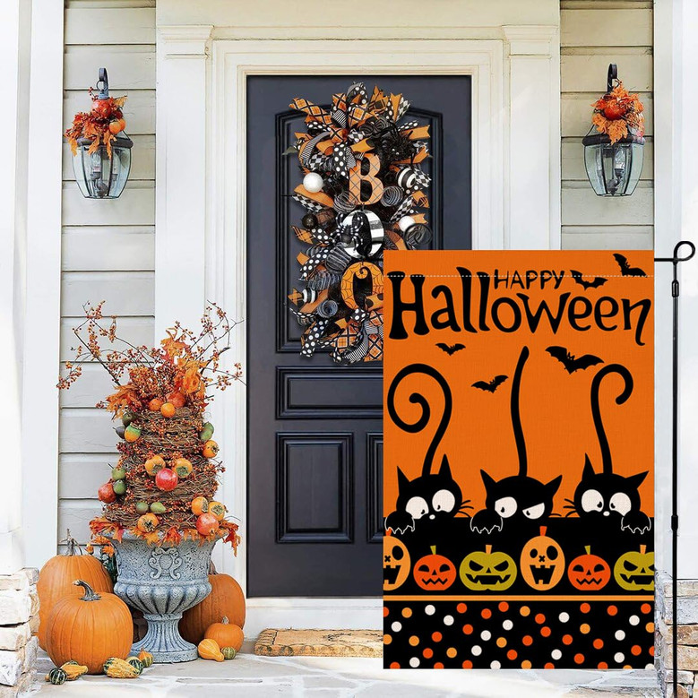 Happy Halloween Cat Pumpkin Fall Autumn Garden Flag Double Sided for Outside