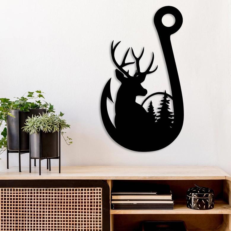 Deer Fishing Hook Metal Wall Art for Rustic Home Décor