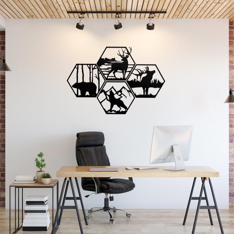 Four Wildlife Hexagon Metal Wall Art for Home Decoration