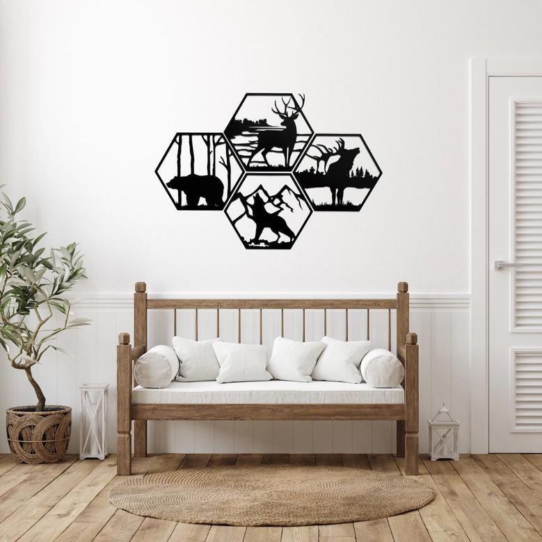 Four Wildlife Hexagon Metal Wall Art for Home Decoration