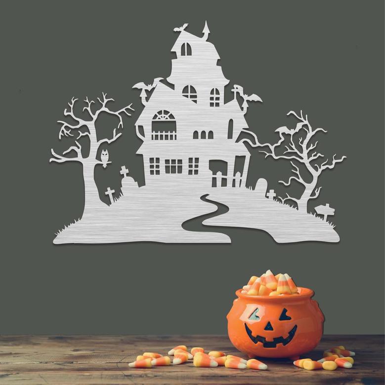 Spooky Haunted House Metal Wall Art for Halloween Decor