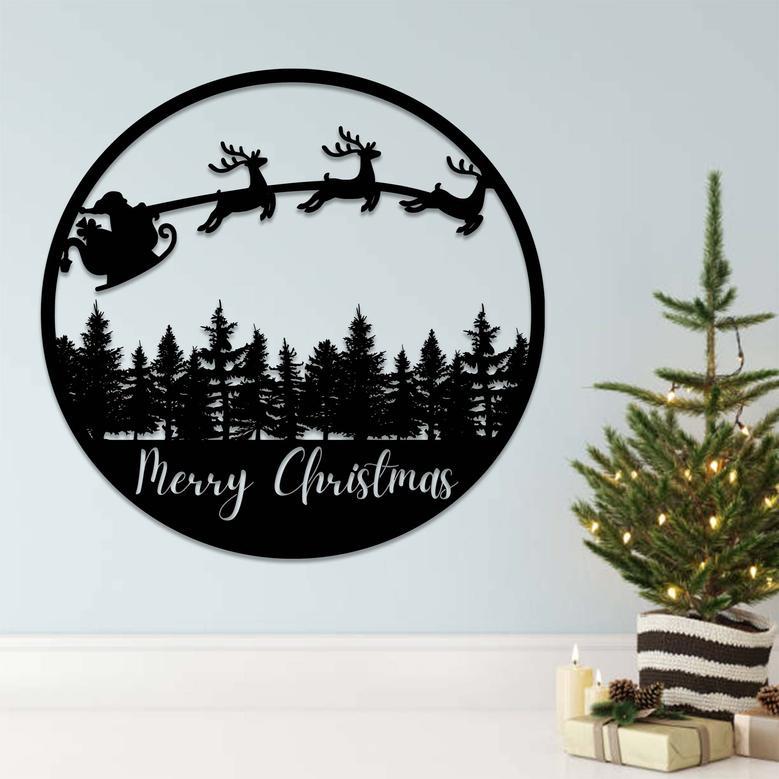 Merry Christmas Sleigh Scene Metal Wall Art for Holiday Décor