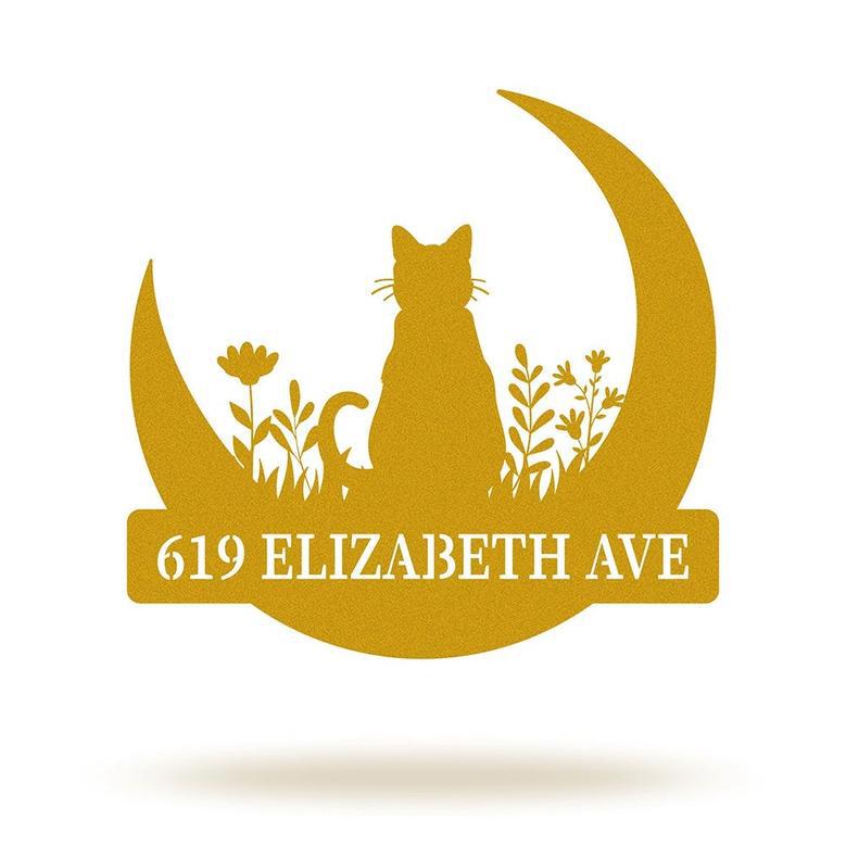 Personalized Cat on Moon Metal Sign with House Numbers